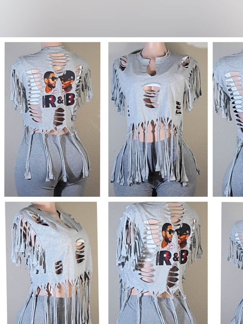 R&B Tour Chris Brown /Usher Custom  Graphic Distressed Fringe Crop Top - Gray